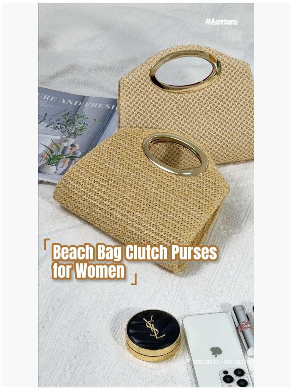 Woven Straw Clutch with Gold Chain, Top Handle Evening Bag - Picture 7 of 7